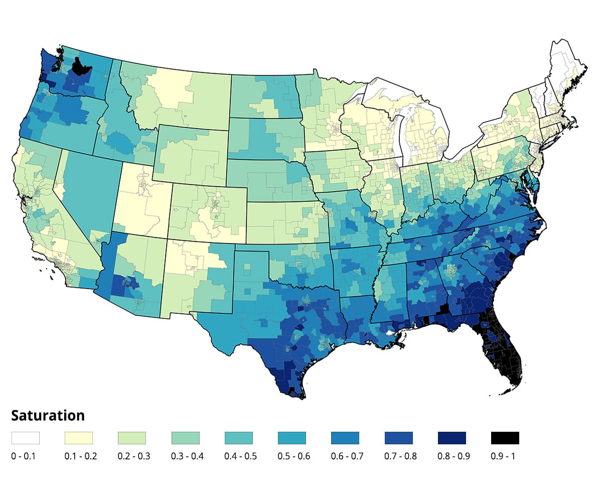 Map of the US showing the saturation of Electricity as a heating fuel