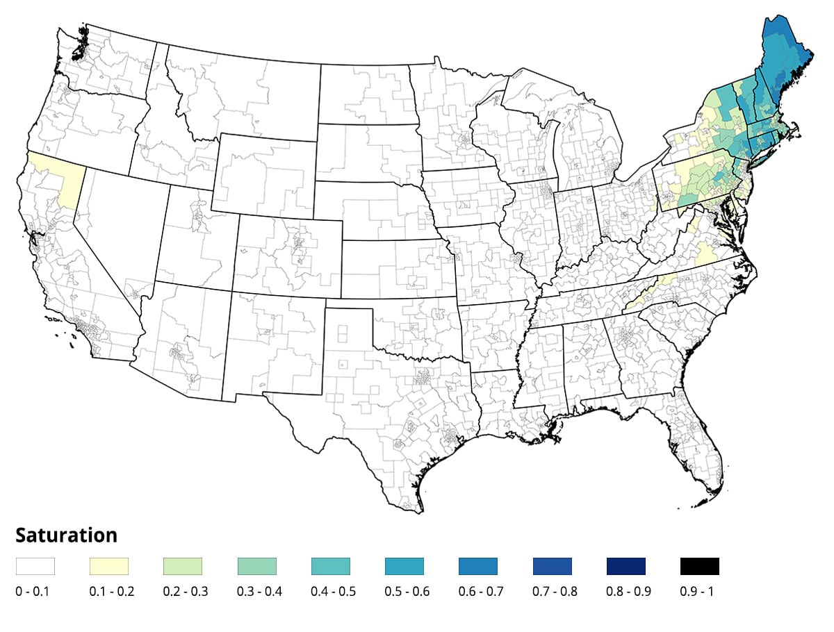 Map of the US showing the saturation of Fuel Oil as a heating fuel