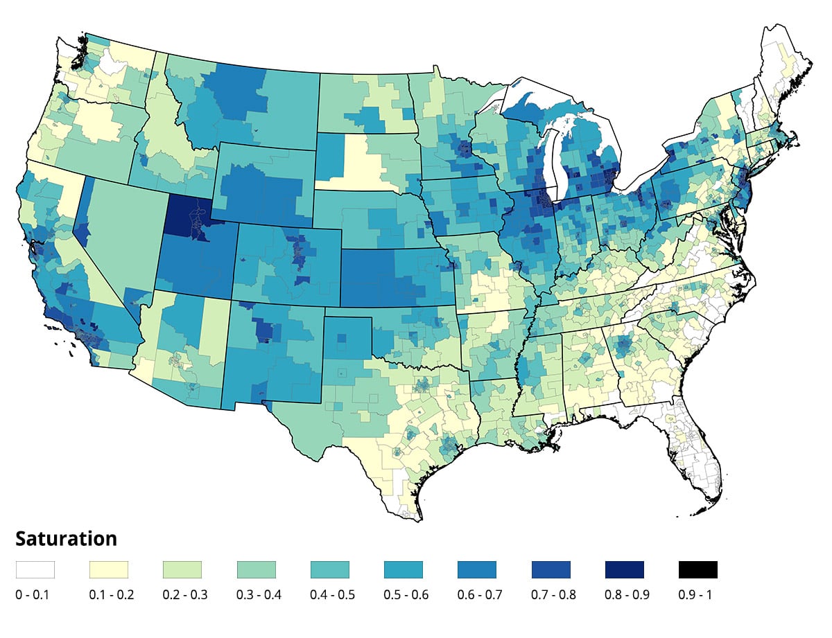 Map of the US showing the saturation of Natural Gas as a heating fuel