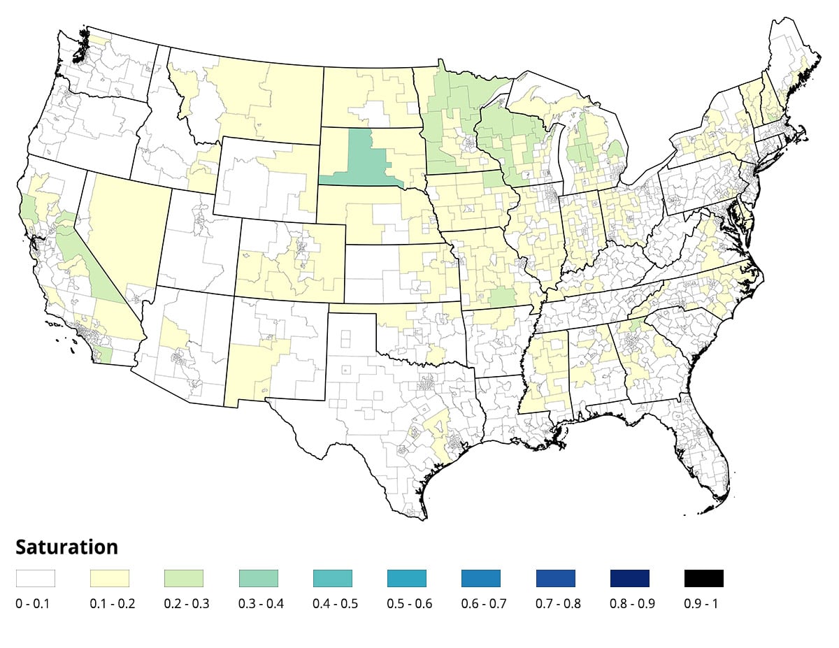 Map of the US showing the saturation of Propane as a heating fuel